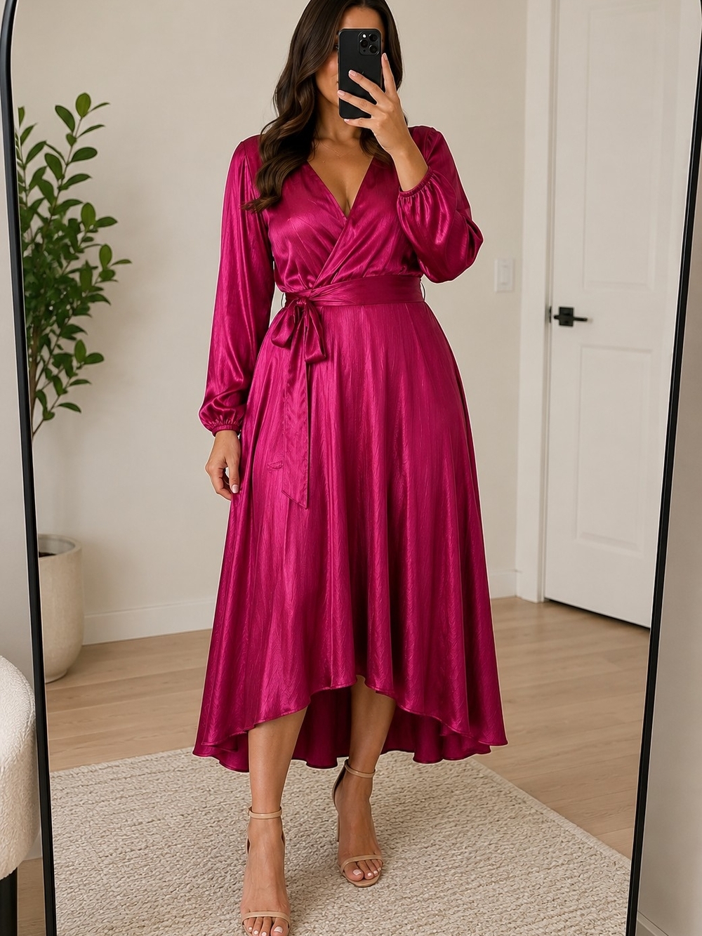 NWT Nine West Fuchsia Satin Wrap Midi Dress with Tie Waist (Large)